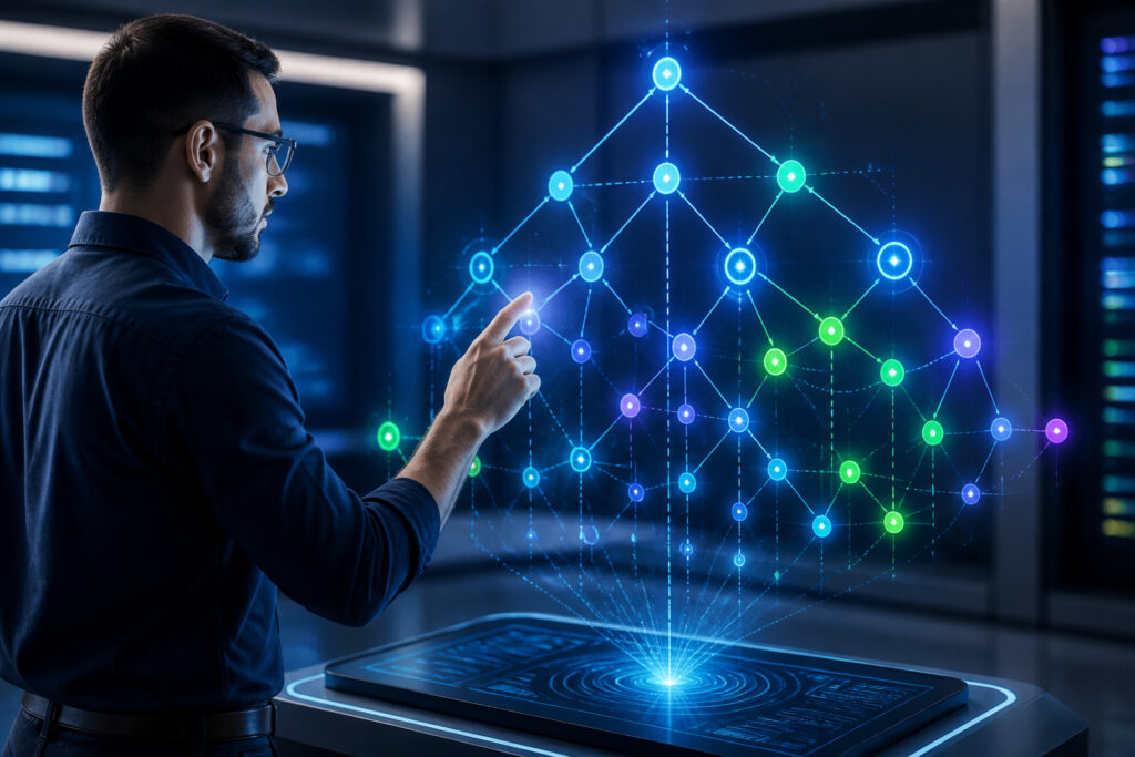 Analyst interactuant avec une projection holographique